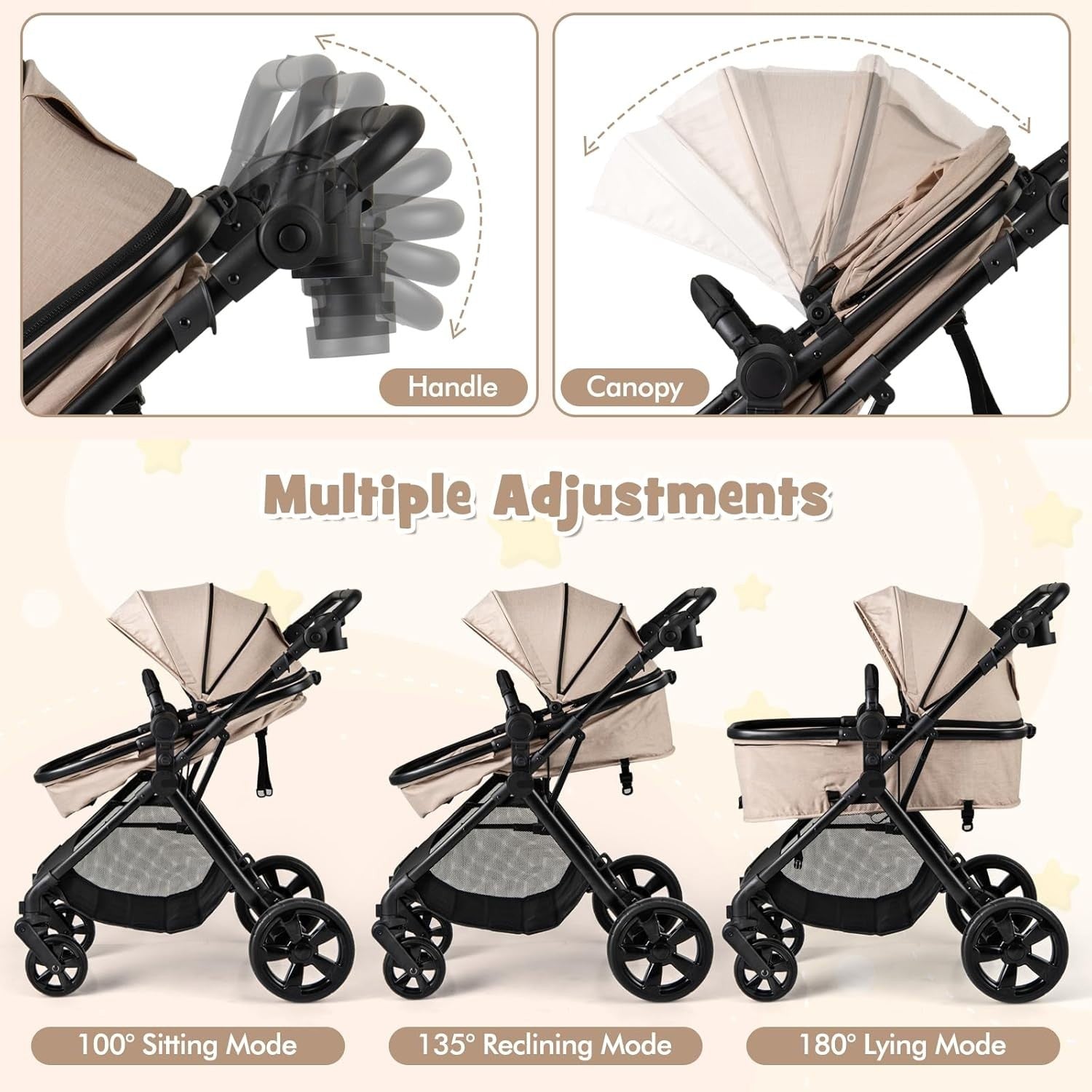 2in1 Baby Pushchair Reversible Seat Foldable Newborn Stroller Beige