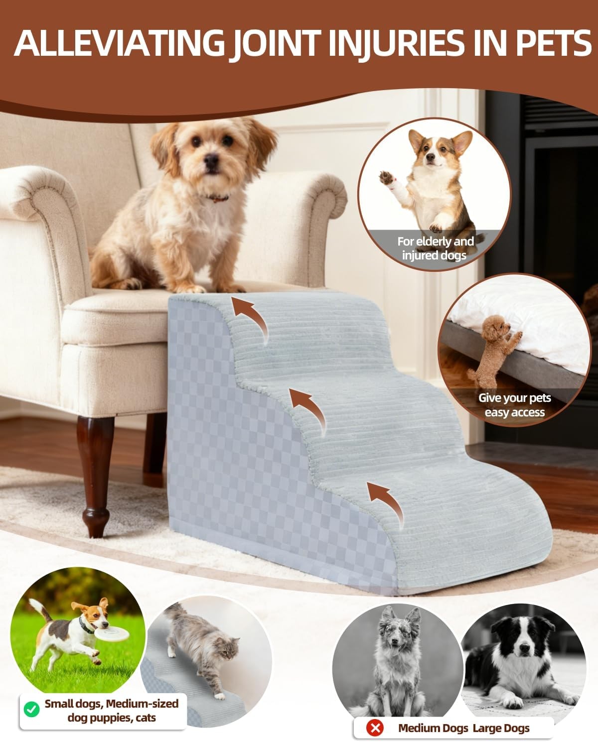 Dog Stairs Ramp 15.7" 3-Step Small Dogs Non-Slip Grey