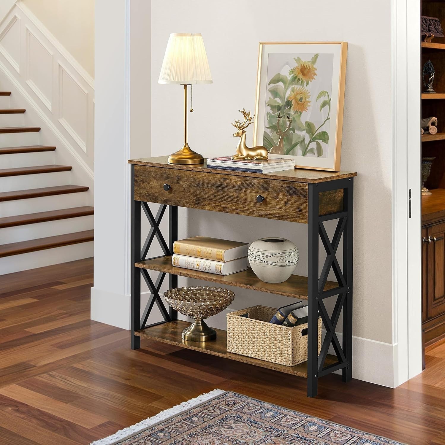 Rustic Industrial Console Table with Drawer & 2 Shelves - Sturdy Metal Frame