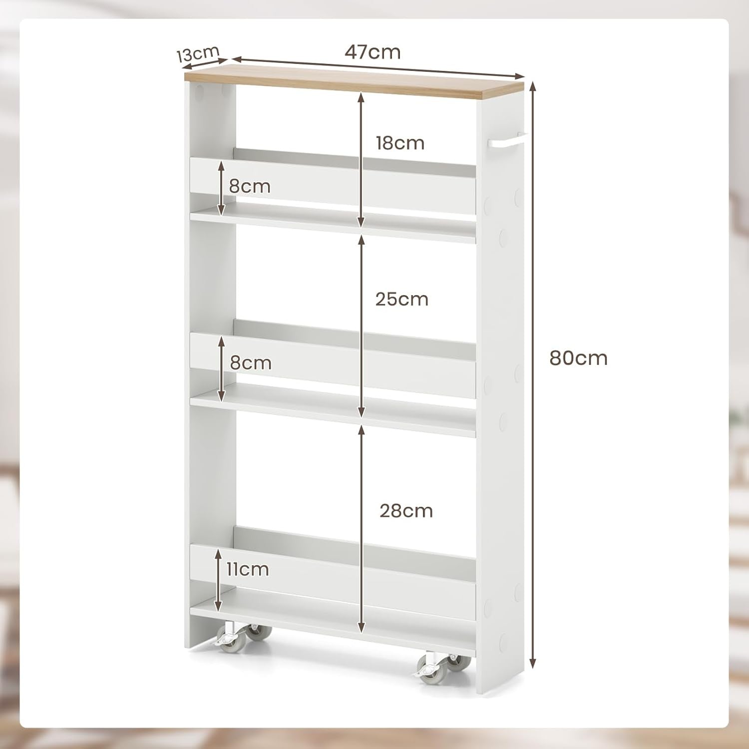 4 Tier Kitchen Storage Trolley Slim Rolling Utility Cart Shelves Wheels