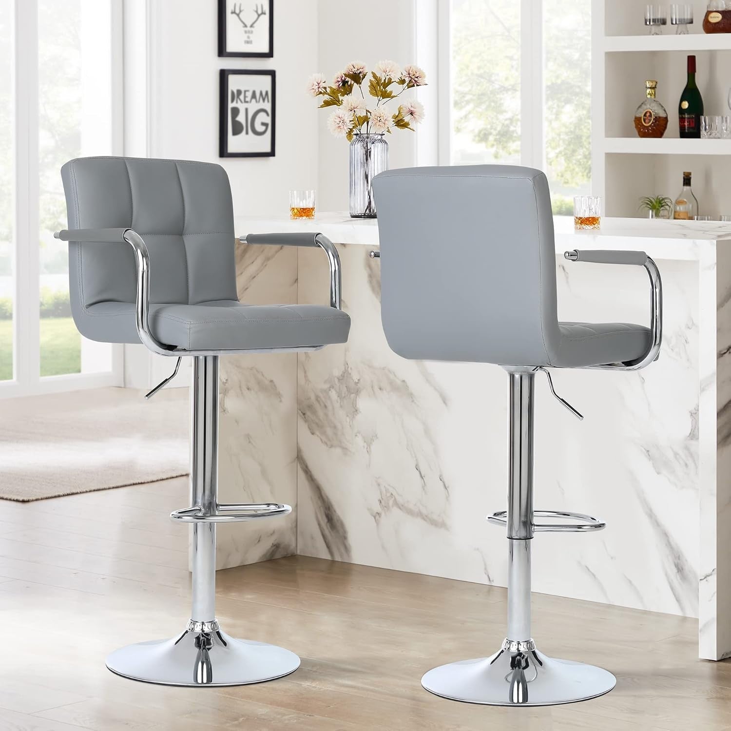 2PCS Silver Grey Adjustable Cuban Bar Stools PU Leather Arms