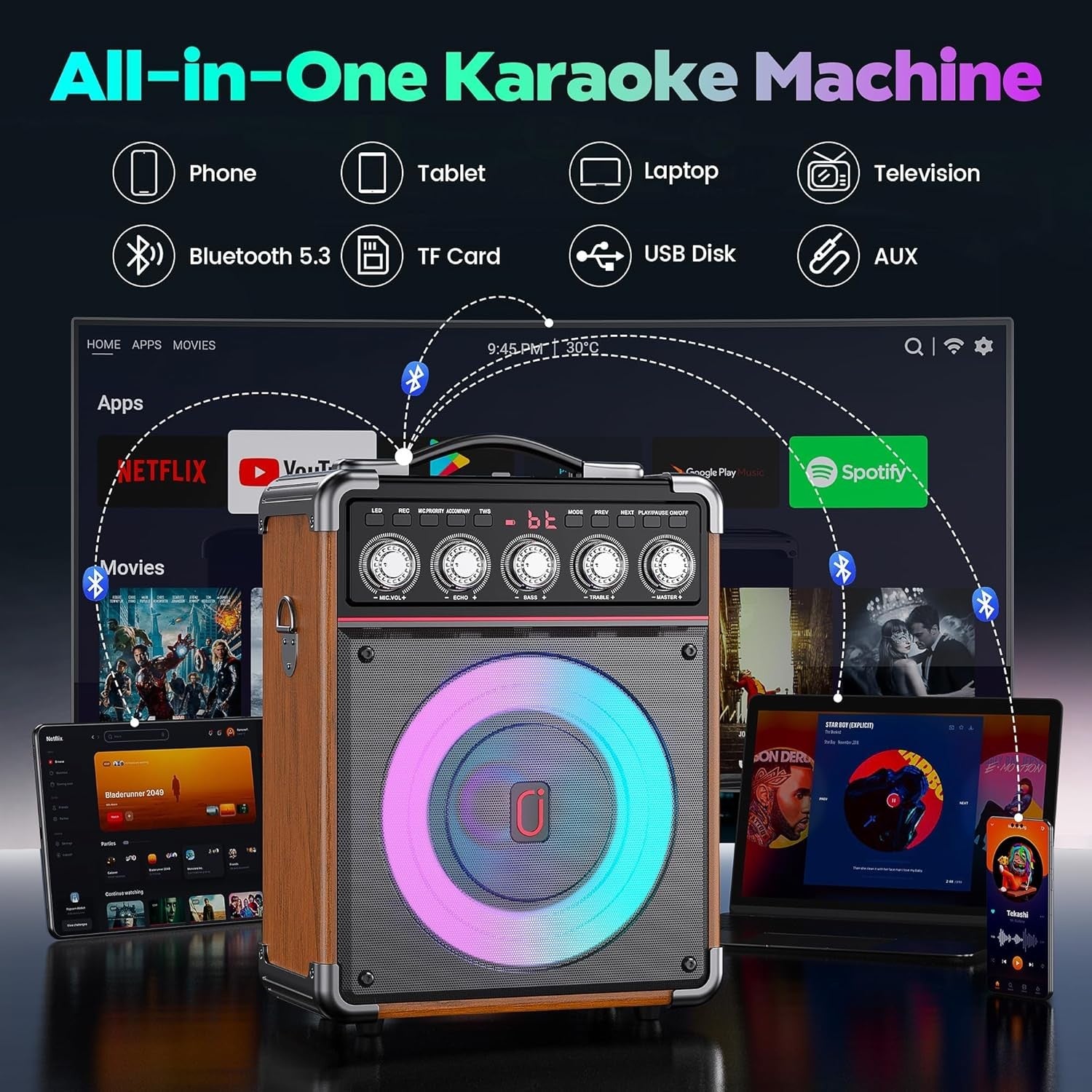 Bluetooth 5.3 Karaoke Machine with 2 Wireless Mics RGB PA