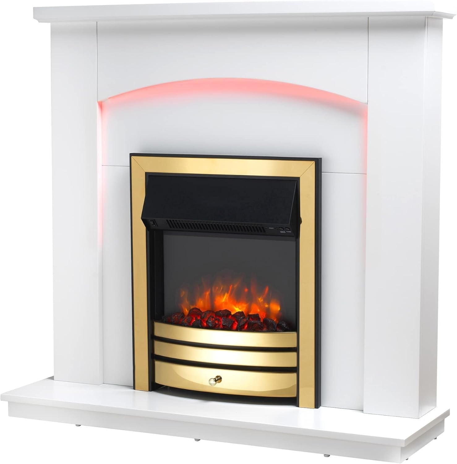 42” Electric Fireplace Suite Brass Trim Remote Log Heater MDF Surround