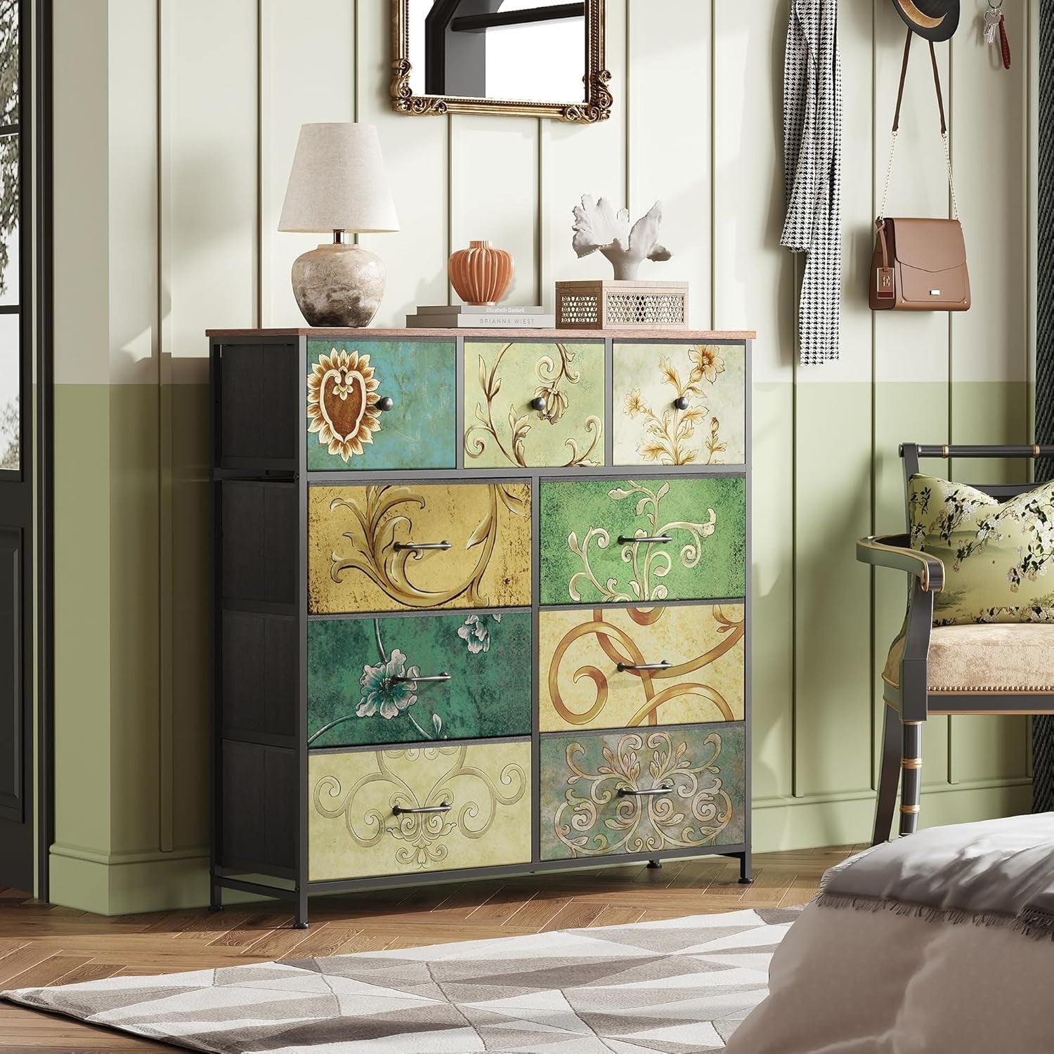 9 Drawer Fabric Storage Chest with Wood Top Steel Frame Retro Bohemian Decor