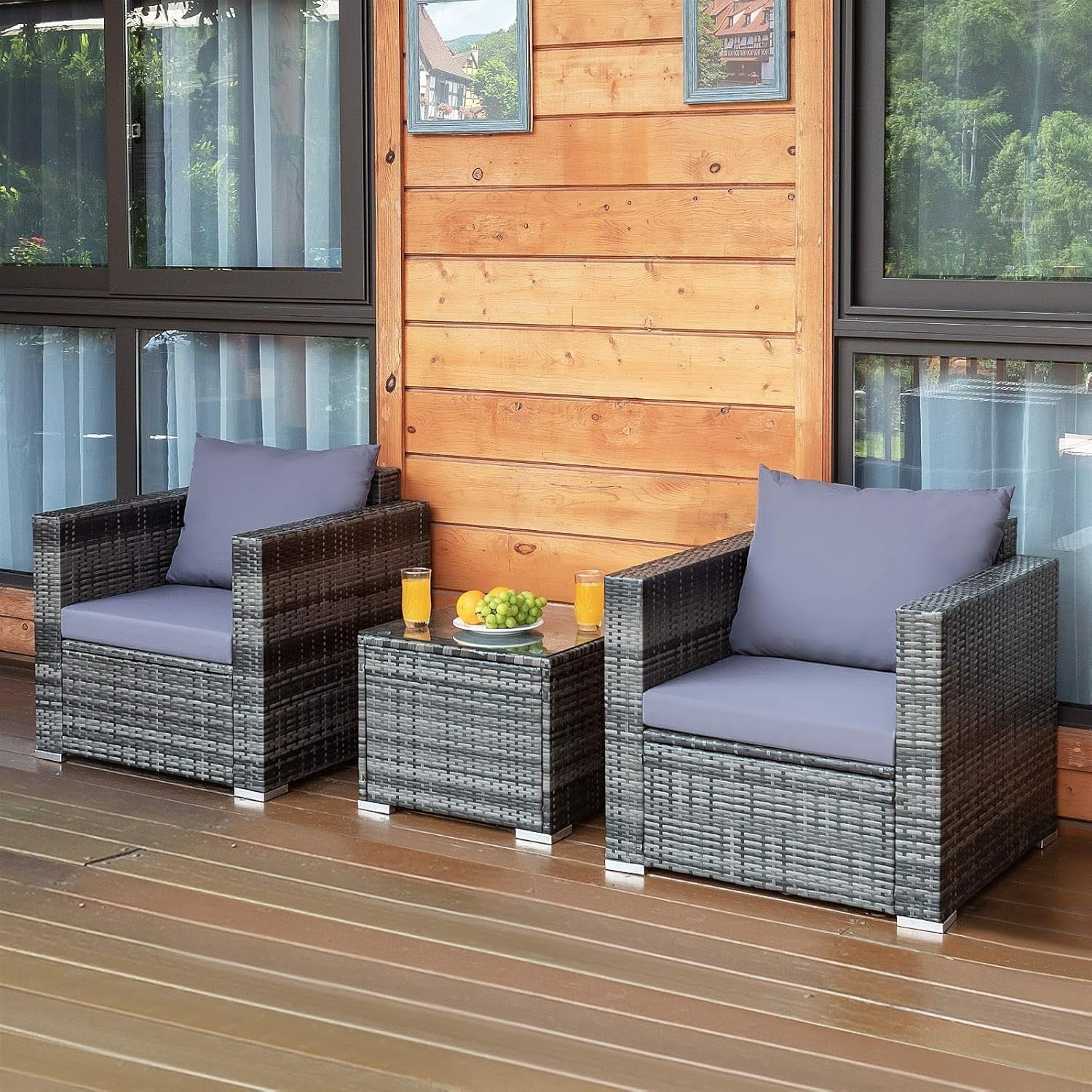 3PC Rattan Bistro Set Patio Garden Furniture Cushioned Chairs & Table