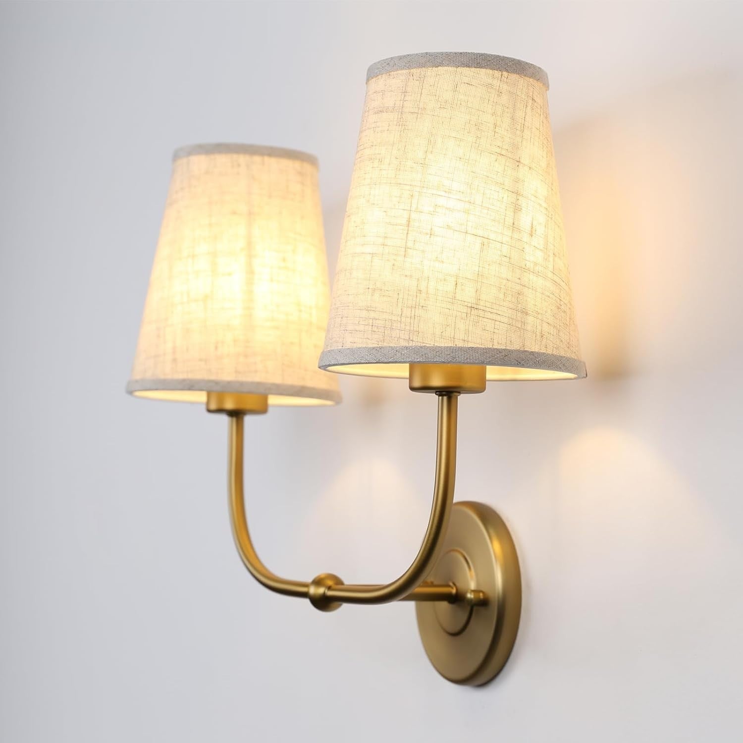 Antique 2-Light Wall Sconce Linen Fabric Shades Bedroom & Bathroom Lamp