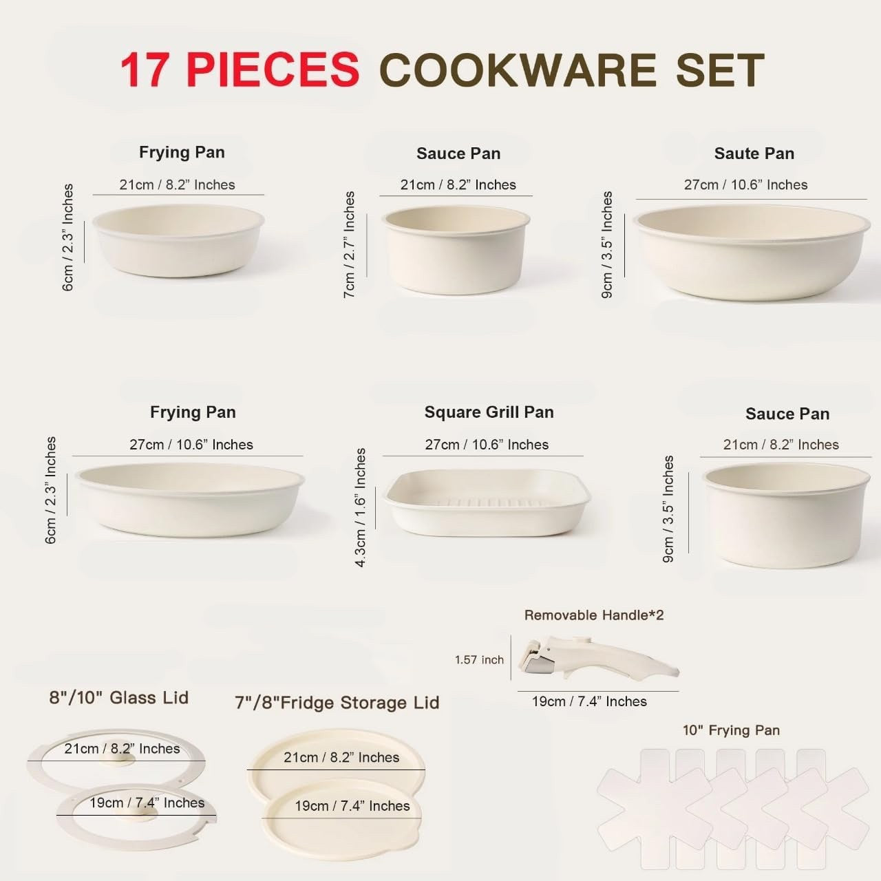 17pcs White Non-Stick Cookware Set with Detachable Handles – Induction Safe