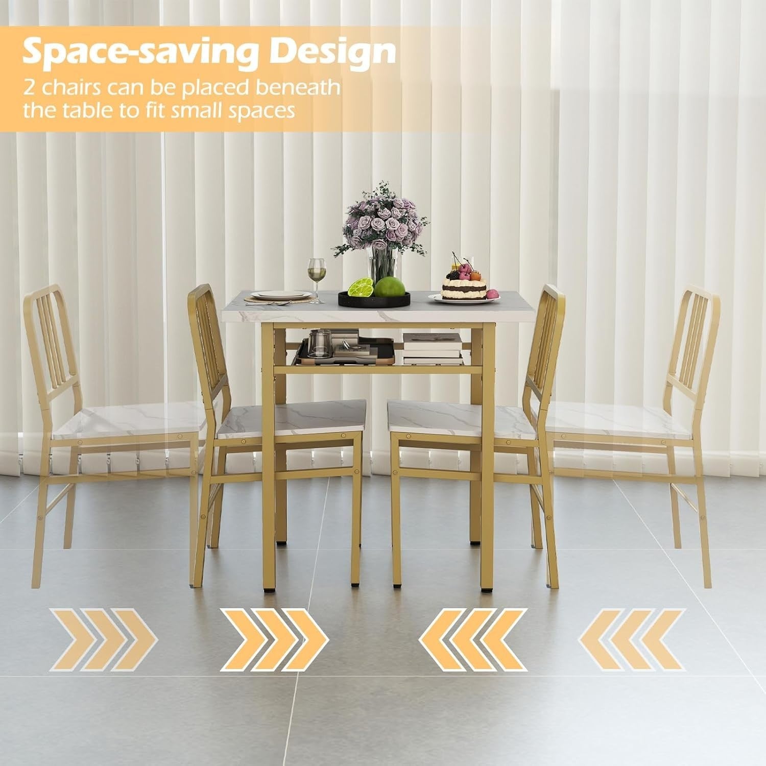 3 Piece Space-Saving Dining Table Set with Storage Rack & Gold Metal Legs