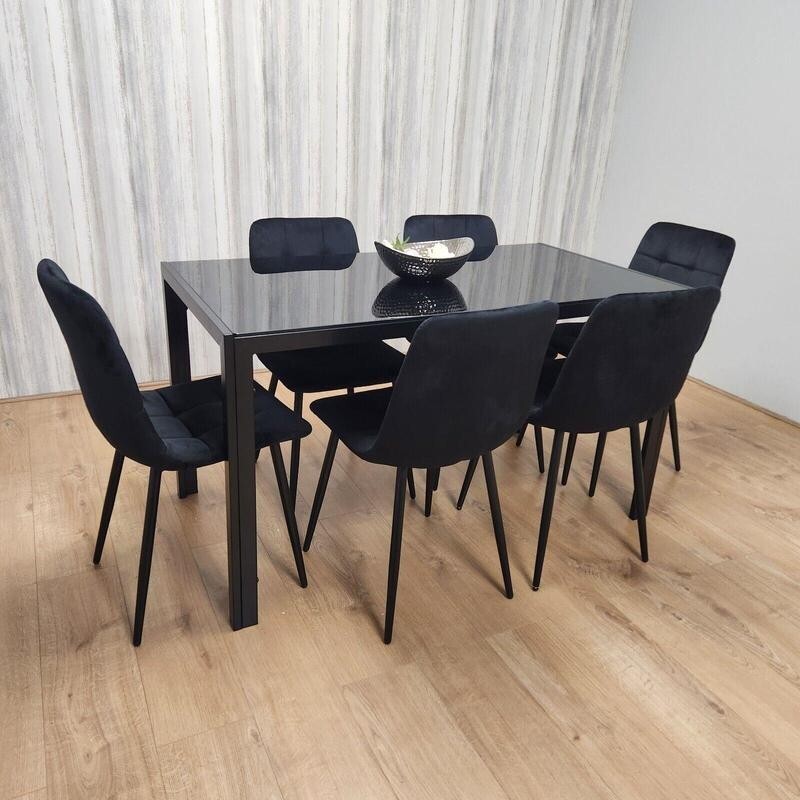 Glass Dining Table Set with 6 Velvet Chairs | Modern Black Kitchen Set