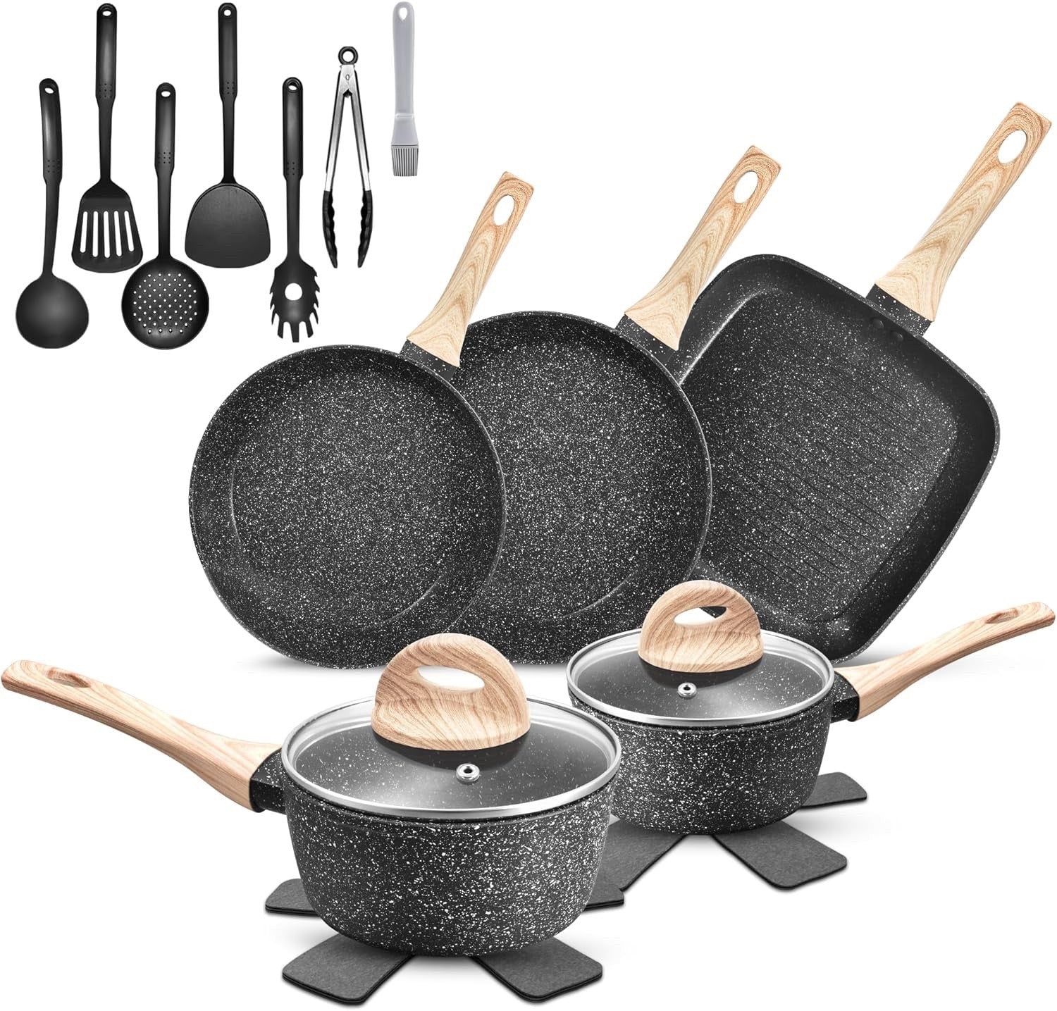 19pcs Black Granite Non-Stick Cookware Set – Induction Safe, All Hobs, PFOA Free