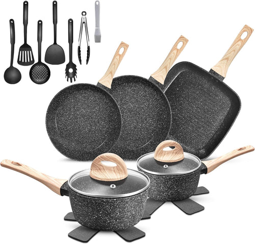 19pcs Black Granite Non-Stick Cookware Set – Induction Safe, All Hobs, PFOA Free