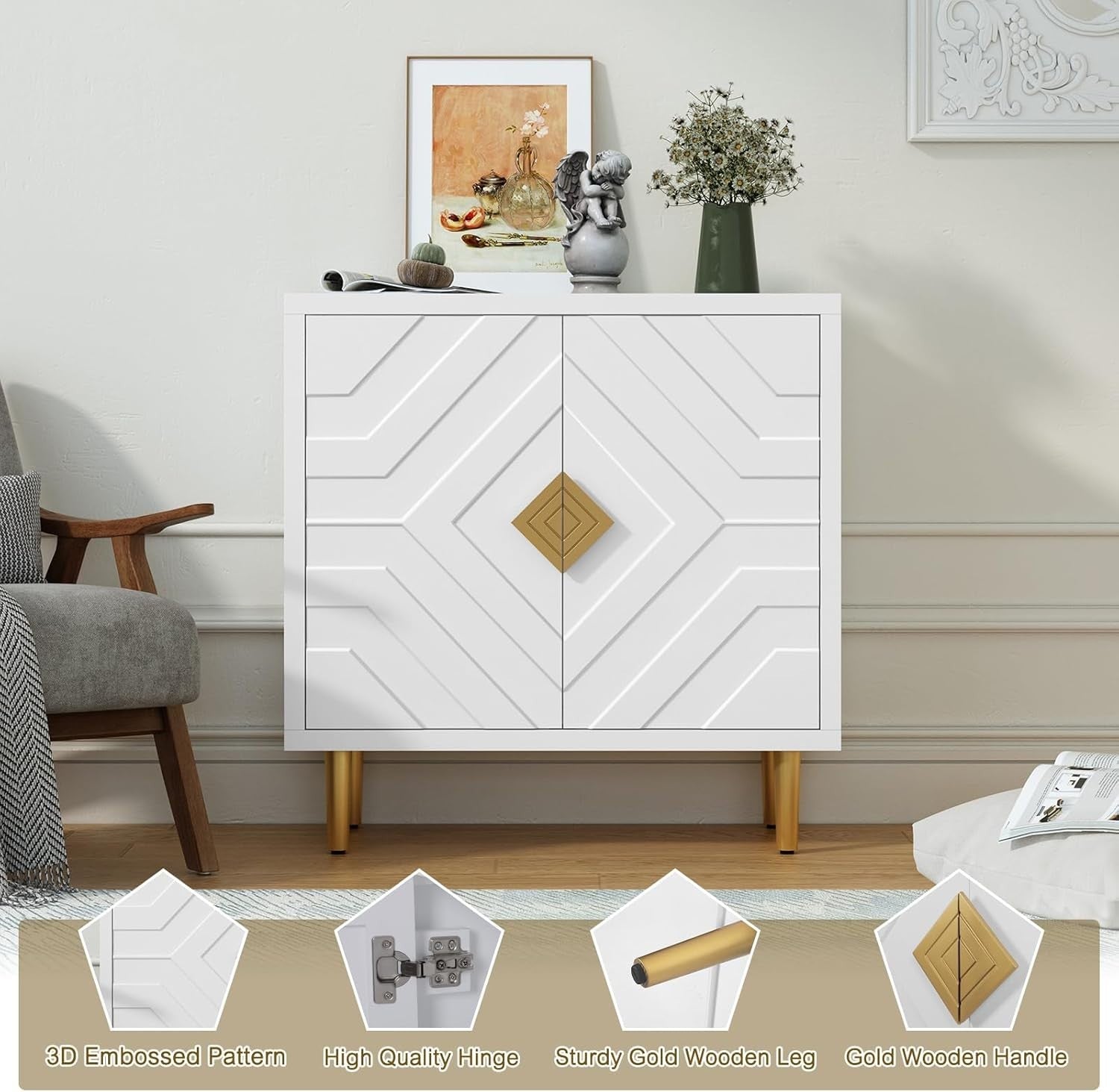 Modern White Sideboard Cabinet 3D Embossed Doors Storage Unit