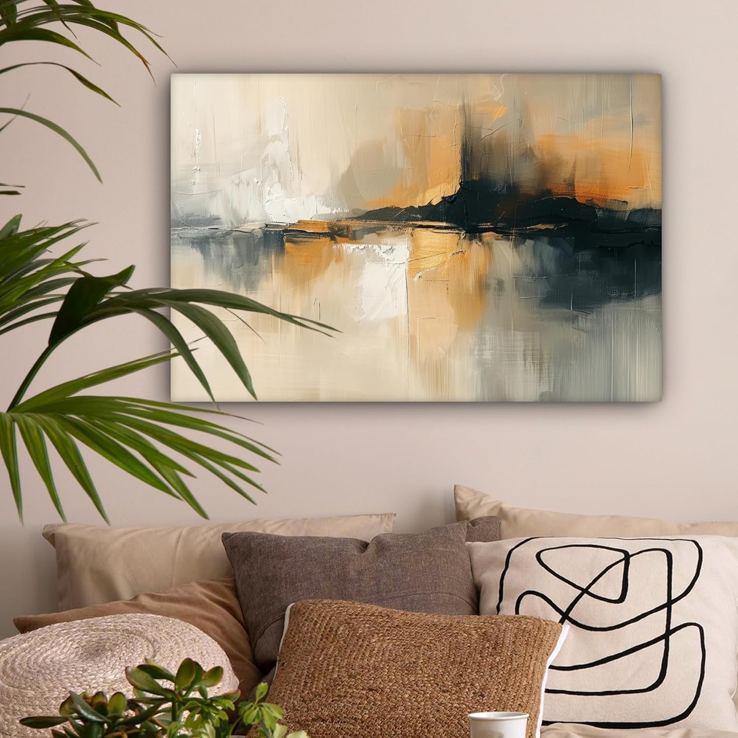 Abstract Beige Black Canvas Wall Art 60x40cm Framed Print