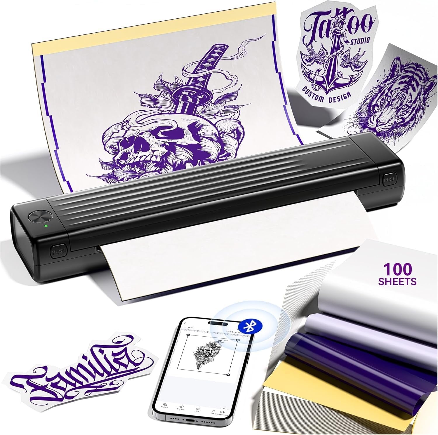 Itari A886 Tattoo Stencil Printer Bluetooth – 100pcs Thermal Transfer Kit
