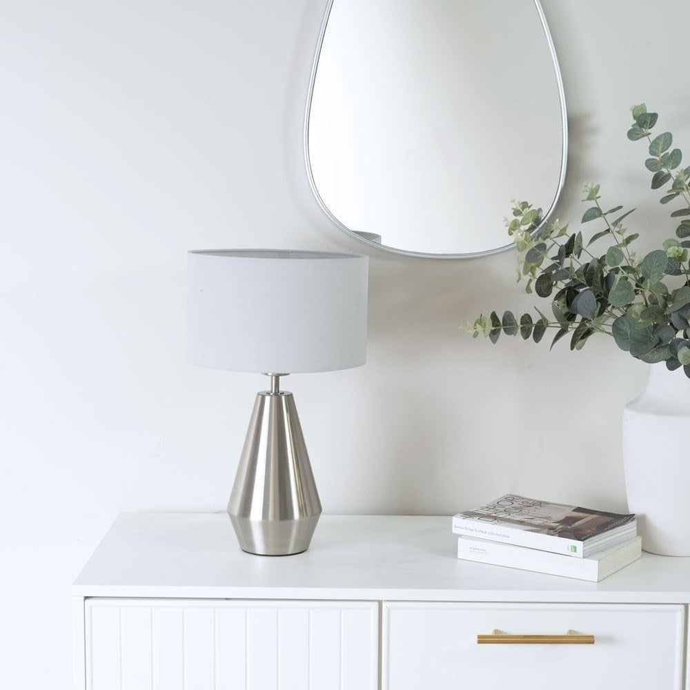 Silver Touch Dimmer Table Lamp LED Grey Drum Shade Bedside Desk Light