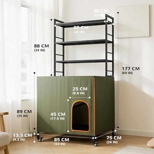 Hidden Cat Litter Box Cabinet with Wheels & Storage, Waterproof Green Enclosure
