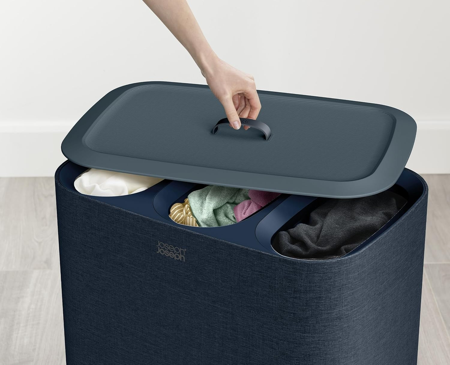 90L Trio Laundry Basket with Lid 3 Removable Wash Bags Black Dark Blue Modern