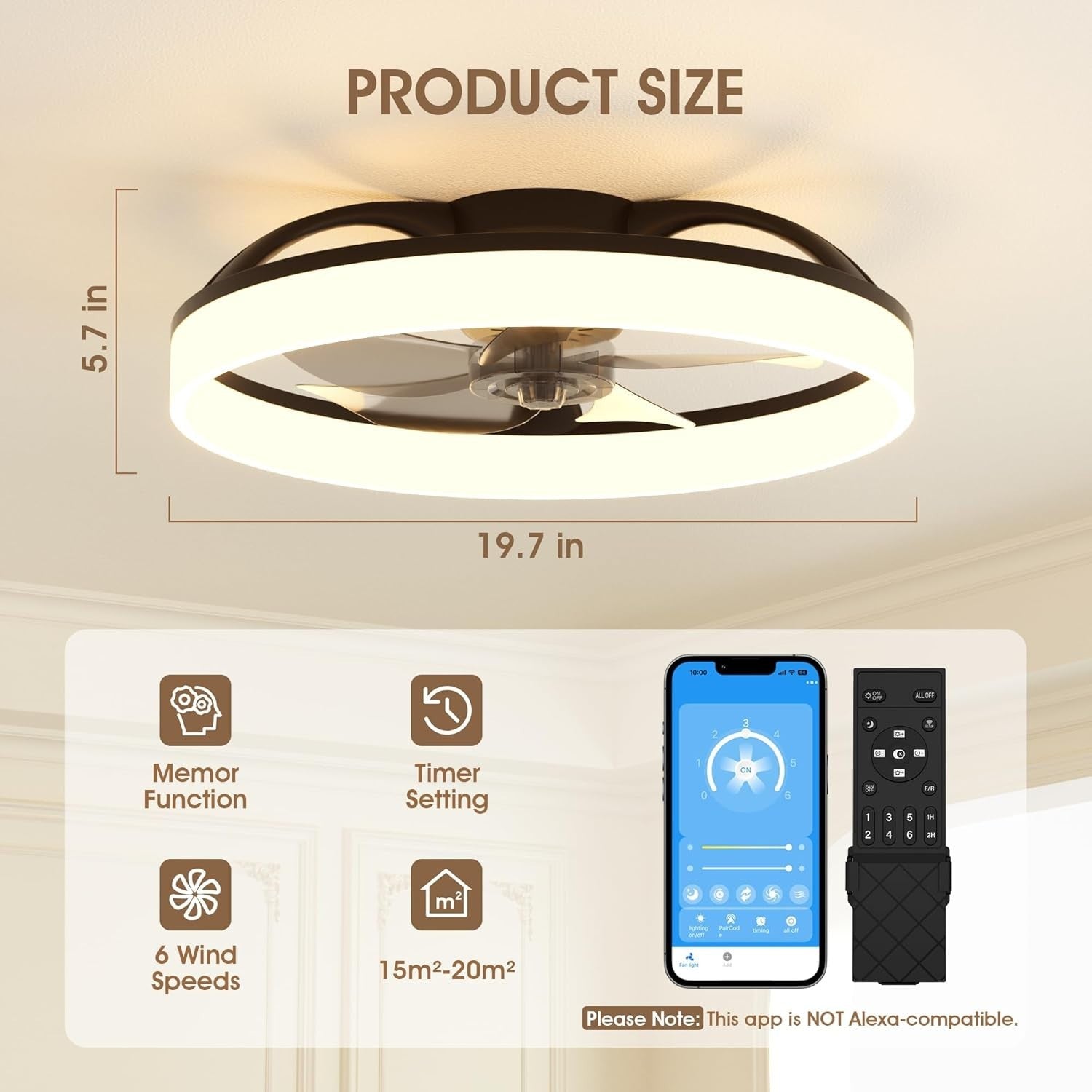 50CM LED Ceiling Fan with Lights, 6 Speeds, Remote & App Control, Black