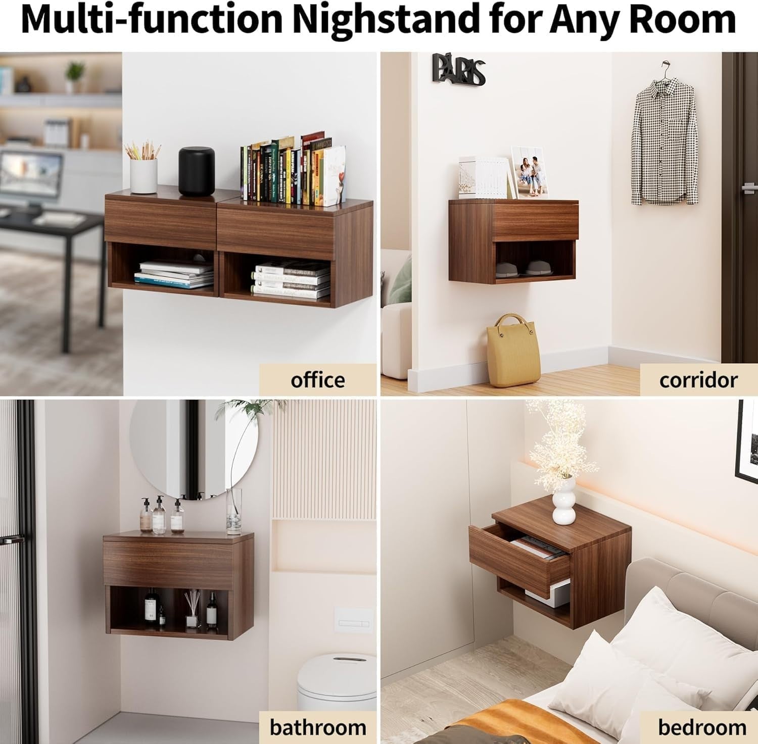 Modern Floating Walnut Bedside Tables Set of 2 – Wall Mounted Drawers & Shelves