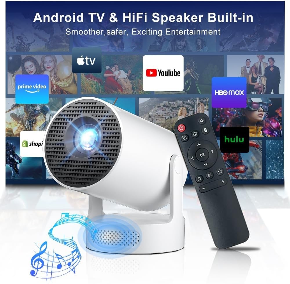 WiFi 6 Android Mini Projector 1080P 4K Support Short Throw Portable