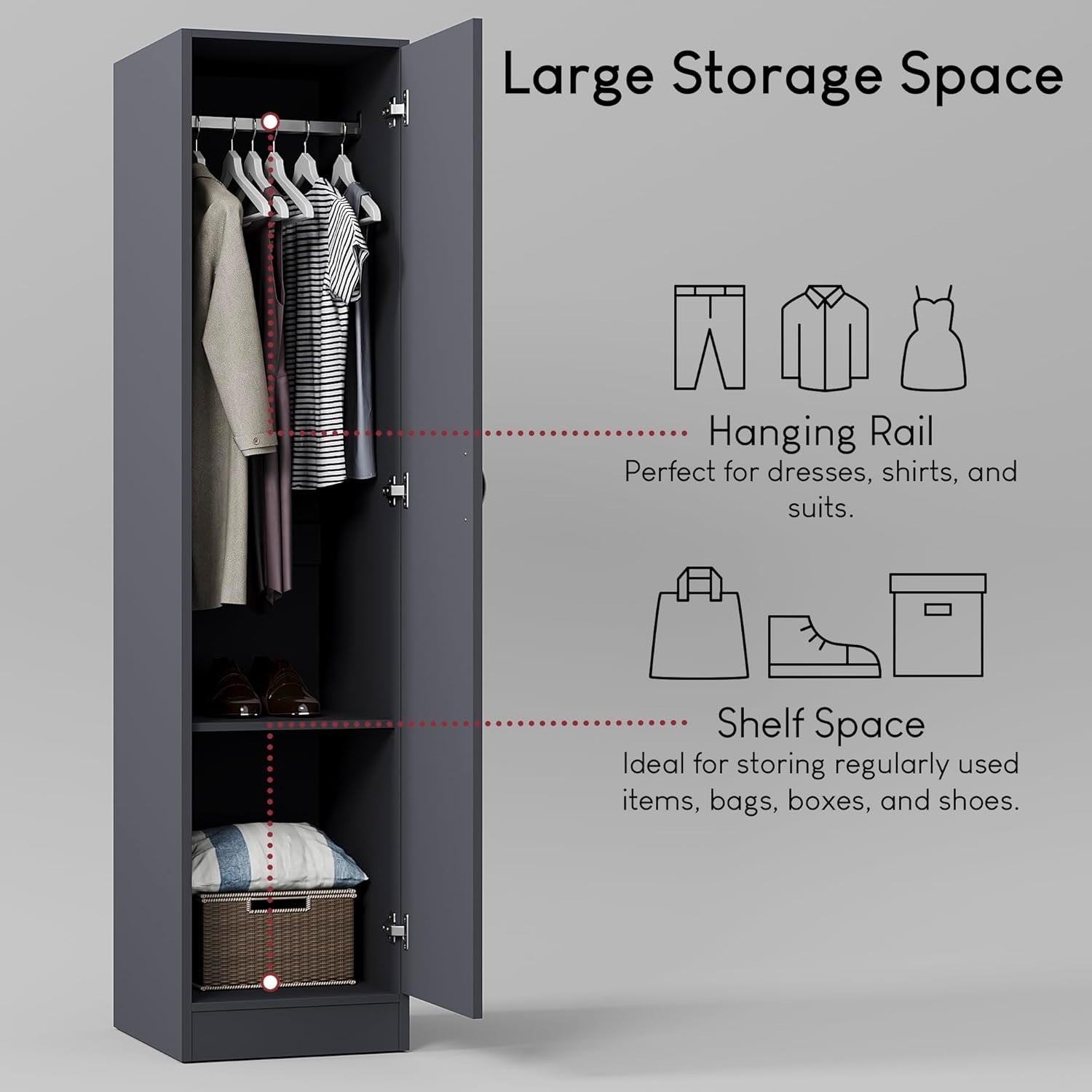 Grey 1 Door Wardrobe with Rail & Shelf Storage for Bedroom Clothes