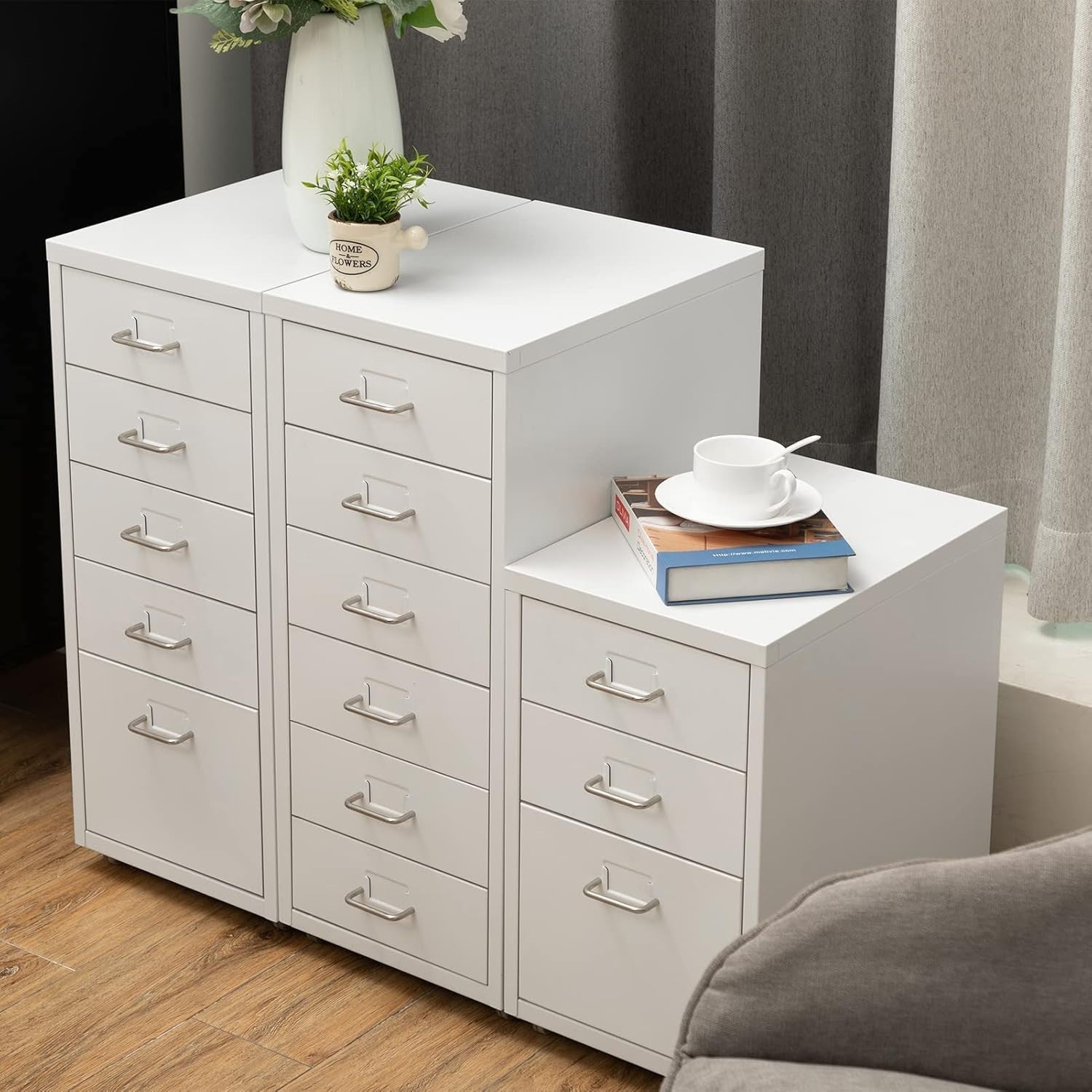 Compact White Metal Rolling File Cabinet 3 Drawer Under Desk Storage