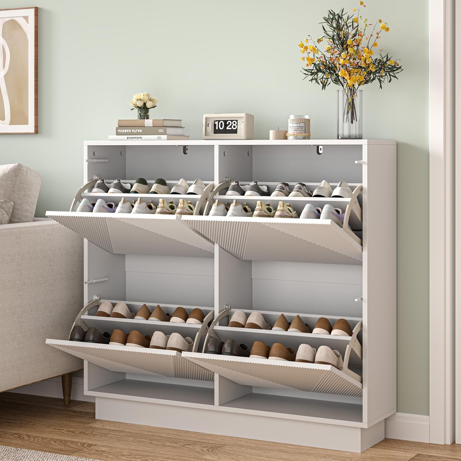 White Slim Shoe Cabinet 4 Flip Drawers | Anti-Tip, 99cm Wide Storage