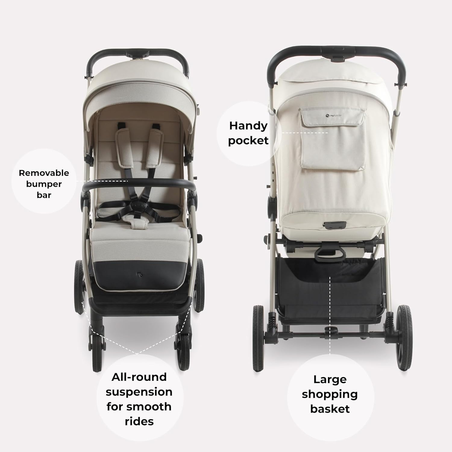 Compact Baby Pushchair Stroller From Birth to 22kg Foldable Ivory