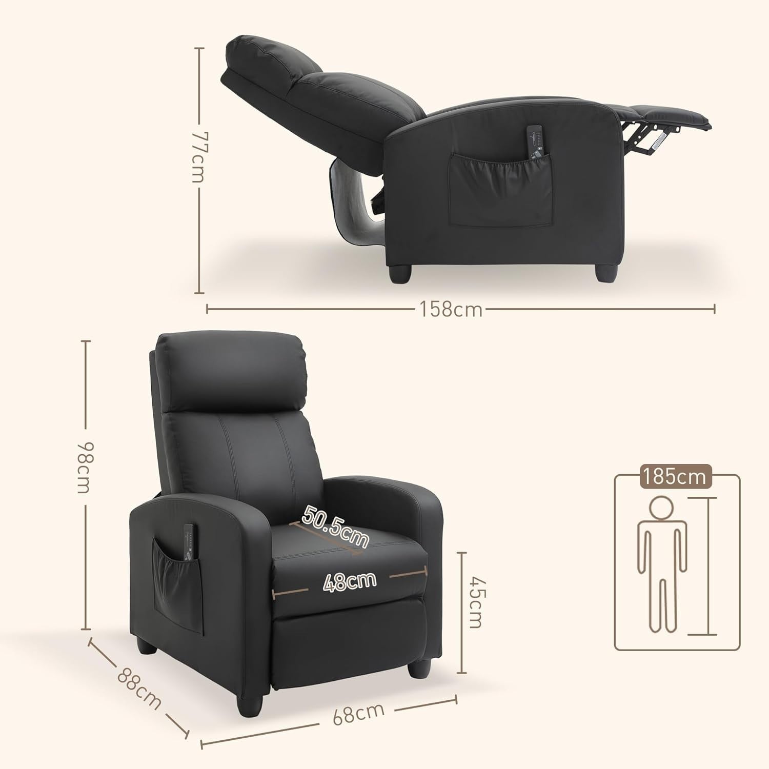 Massage Recliner Chair Faux Leather Push Back Armchair Footrest Black