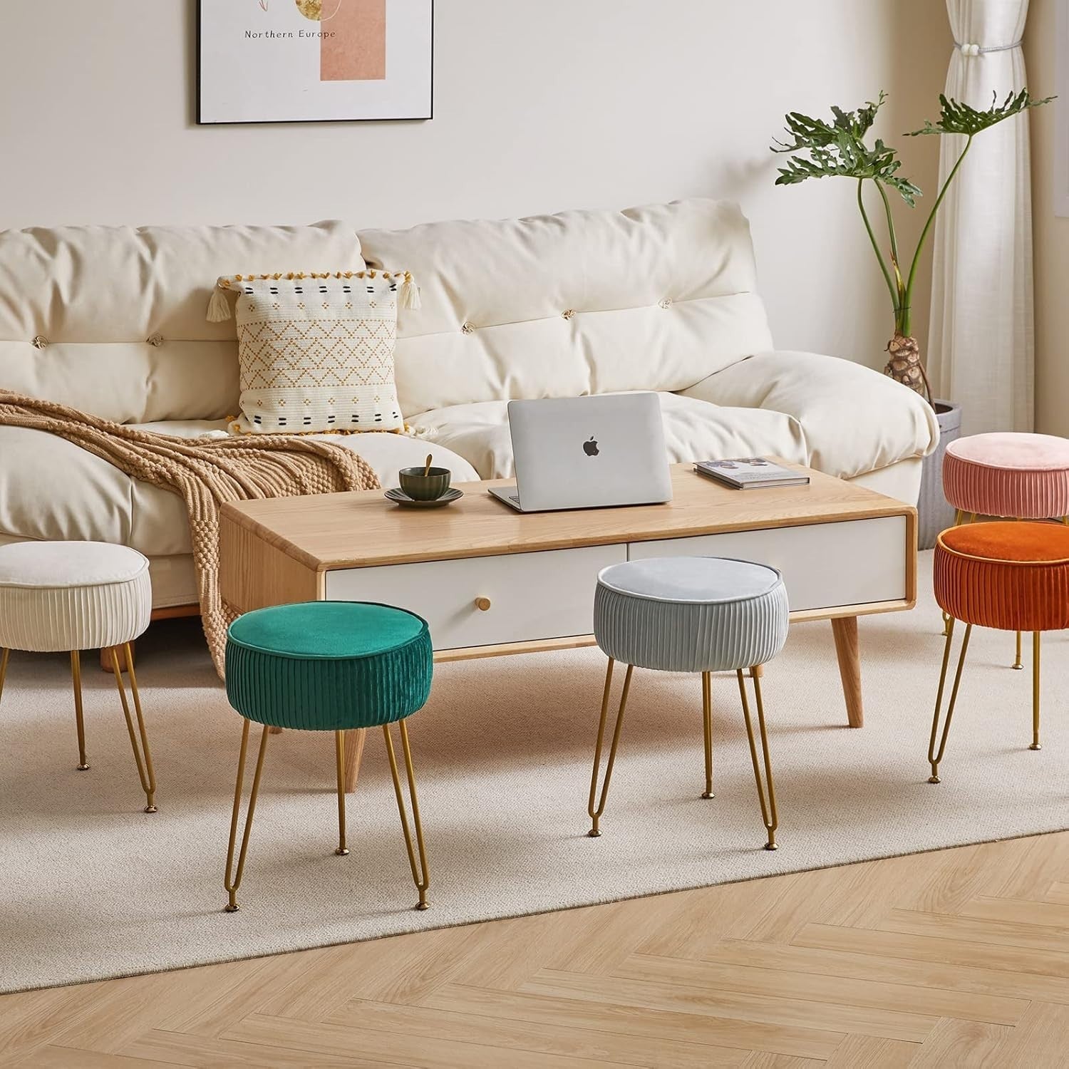 Velvet Round Footrest Stool with Golden Steel Legs – Creamy-White Vanity Seat