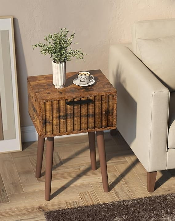 Rustic Brown Fluted Bedside Tables Set of 2, Small End Tables with Drawer & Wood