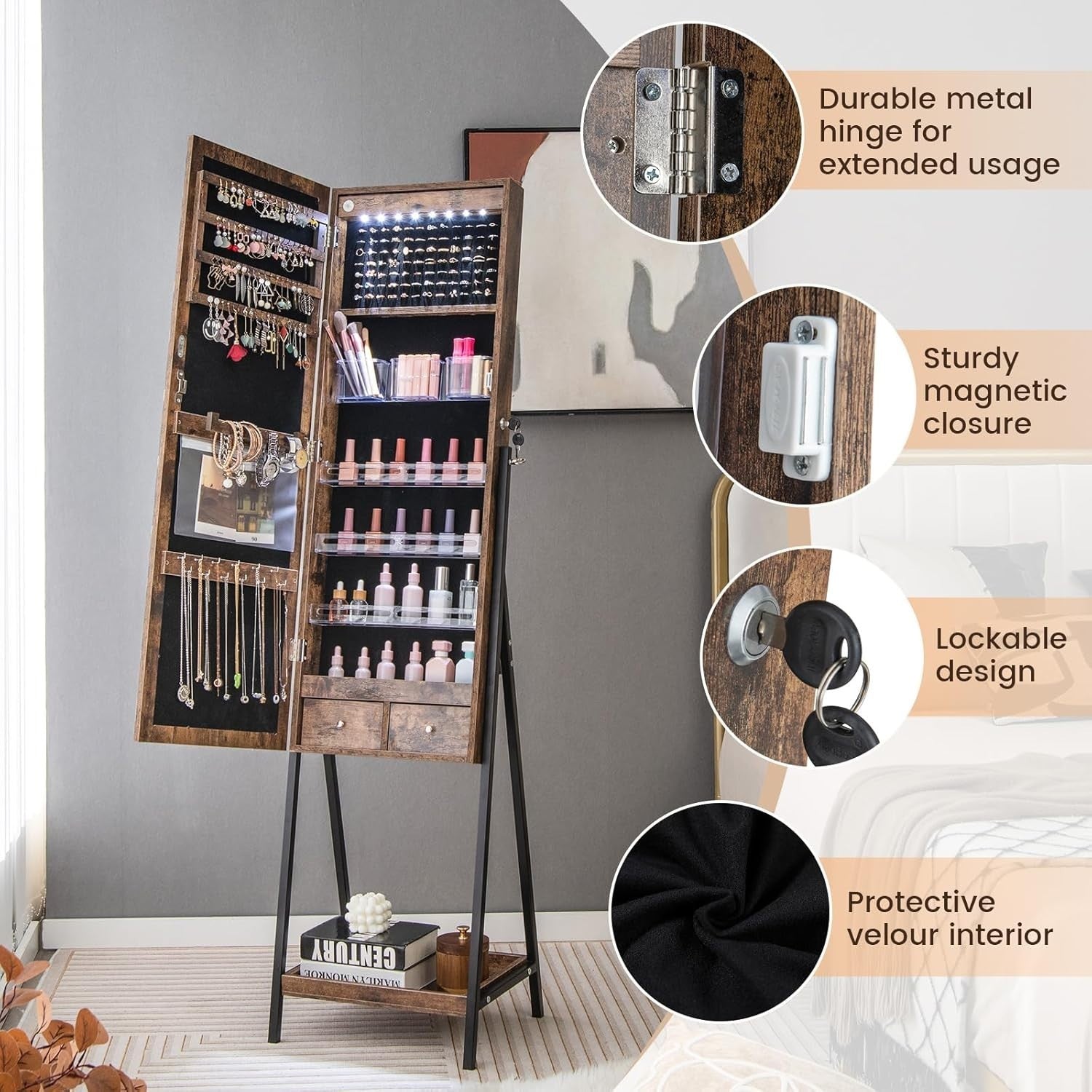 Rustic Brown LED Jewellery Cabinet Lockable Full Length Mirror Storage