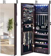 Brown LED Jewelry Armoire Wall Door Mounted Lockable Full Length Mirror