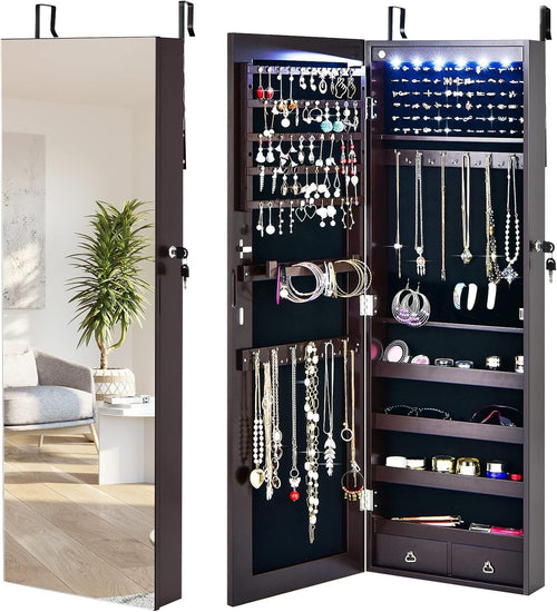 Brown LED Jewelry Armoire Wall Door Mounted Lockable Full Length Mirror