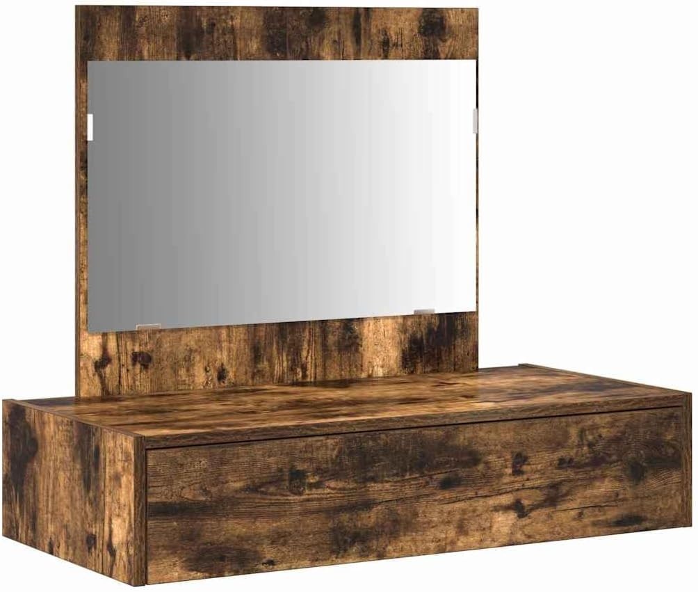 Modern Smoked Oak Dressing Table Vanity Desk with Mirror & Drawer Storage