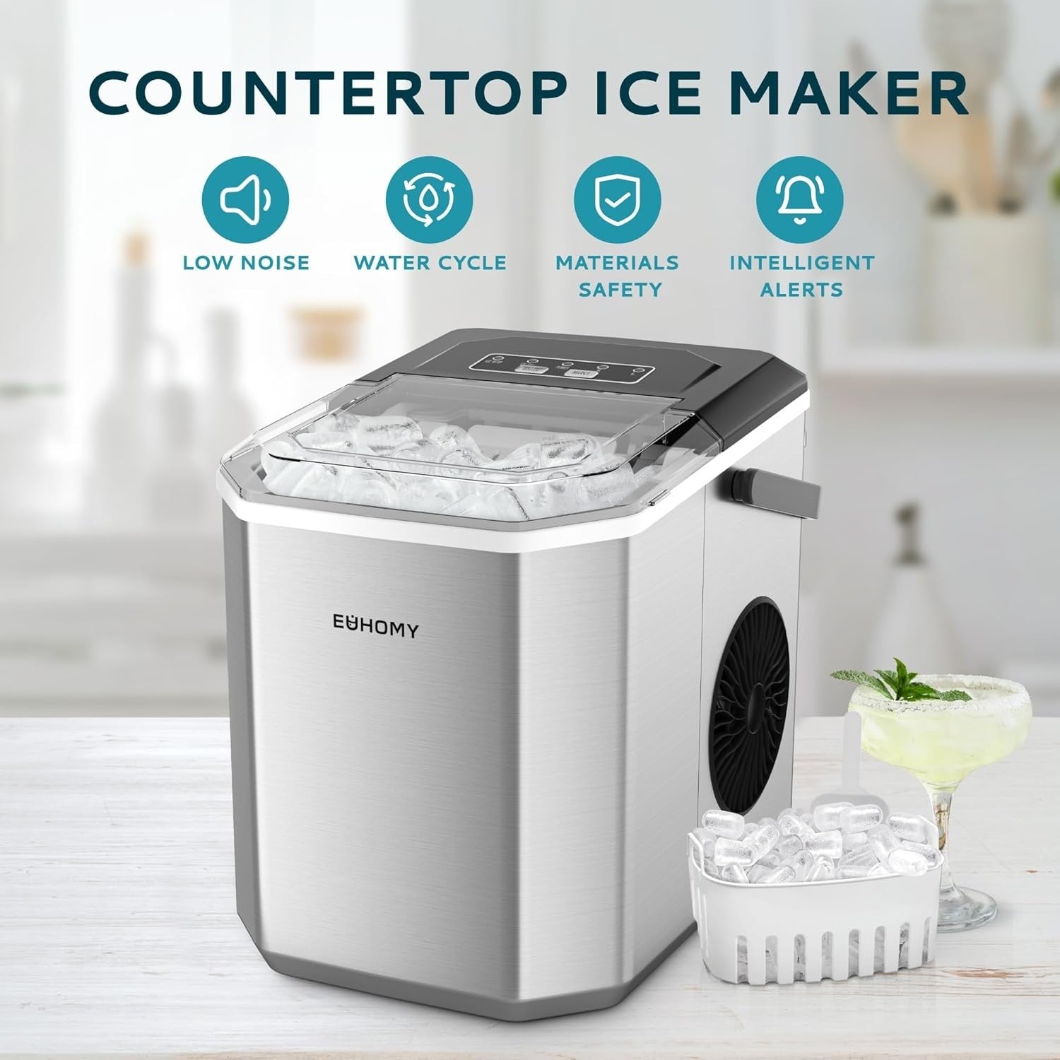 Portable Ice Maker 12kg/Day Countertop 9 Cubes Fast Self-Cleaning Silver