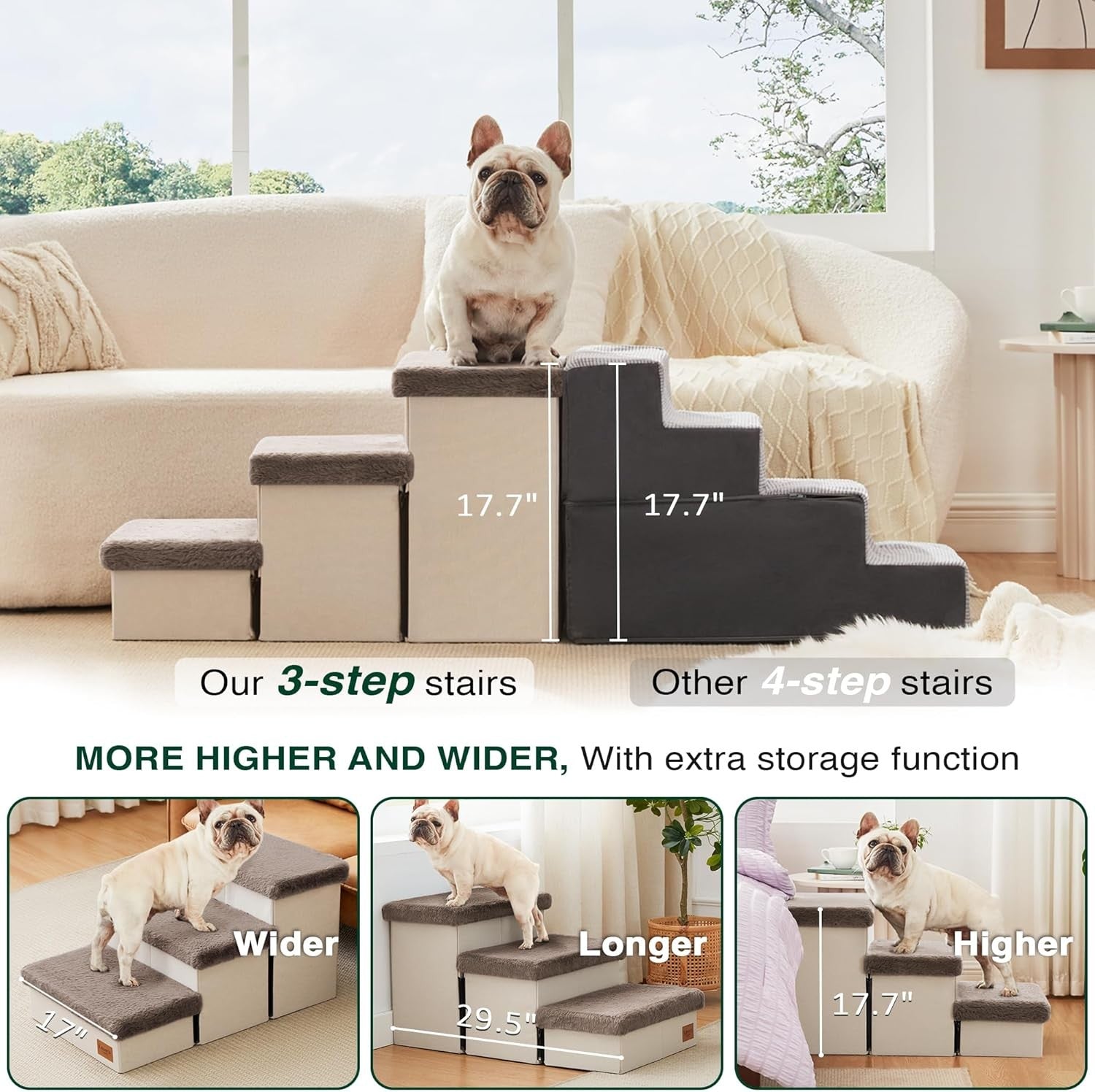 Dog Stairs 3 Step 18" High with Storage Furry Lid Pet Steps Brown