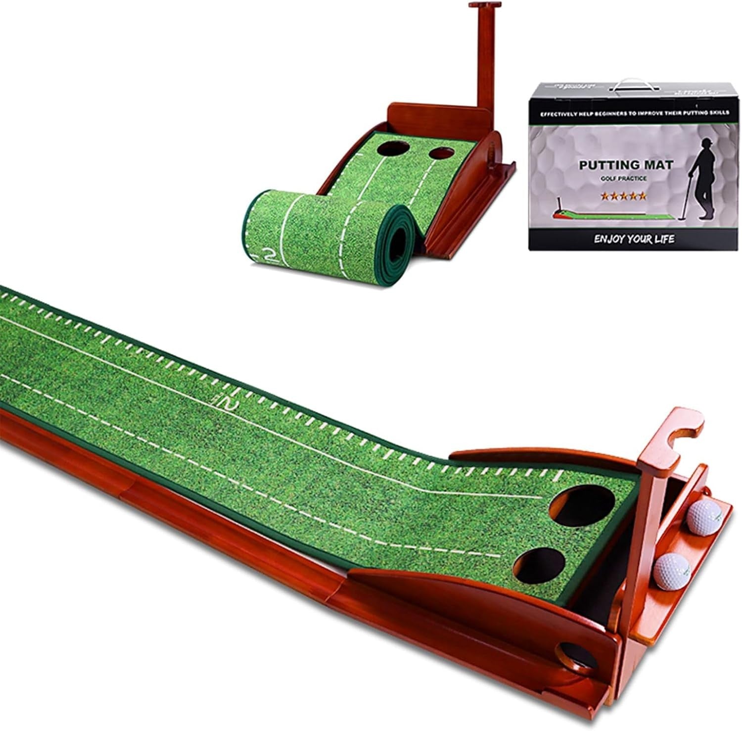 Golf Putting Mat Practice Indoor Trainer Automatic Ball Return Wooden Base