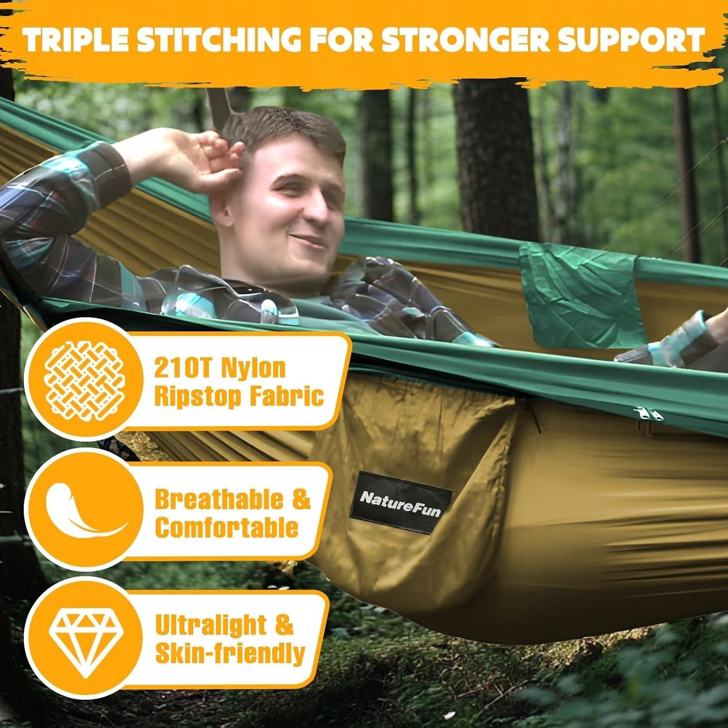 Ultralight Camping Hammock Camel/Olive | 300kg Load | Pop-Up Bug Net & Straps