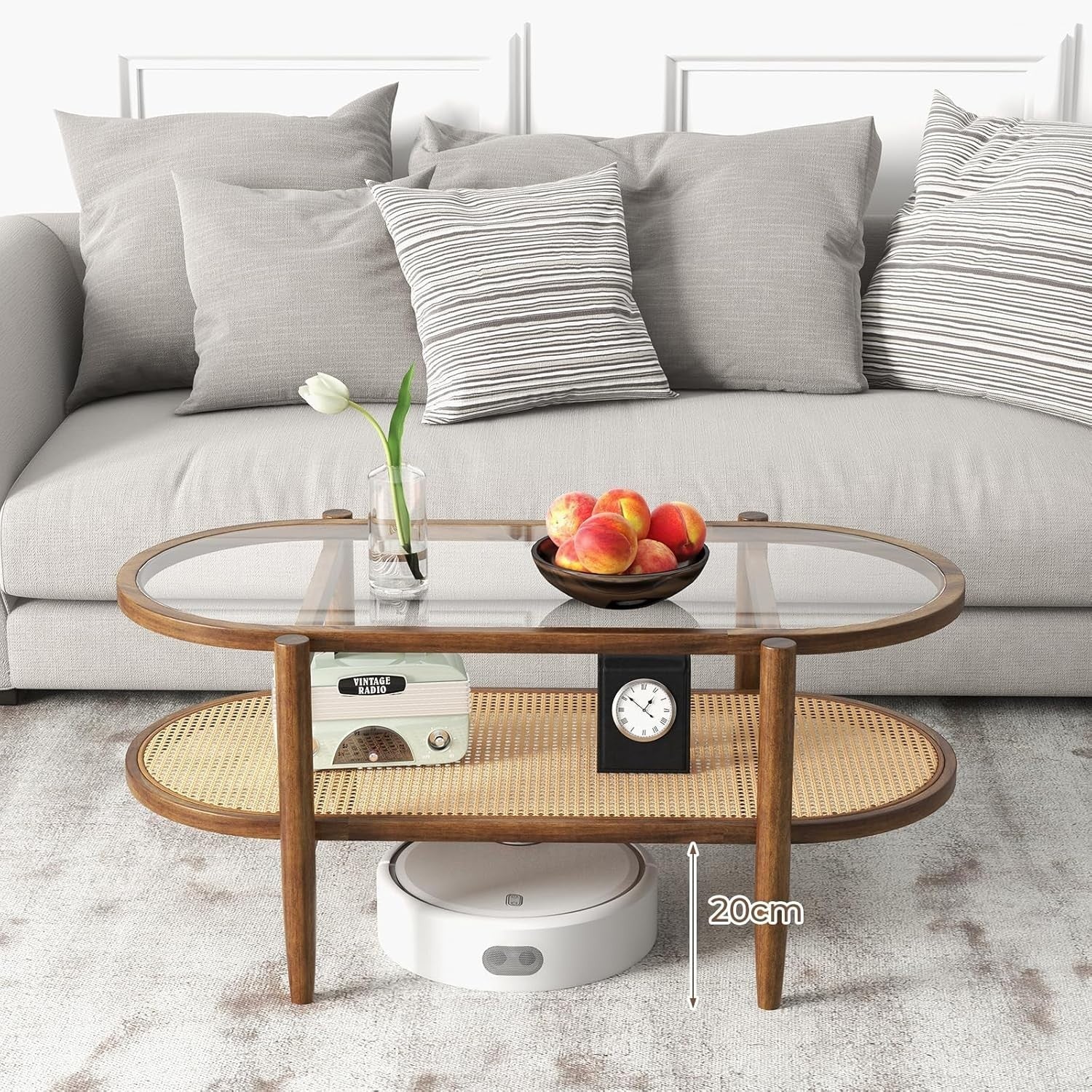 Glass Coffee Table with Rattan Shelf, 2-Tier Wood Frame, 102x56x46cm