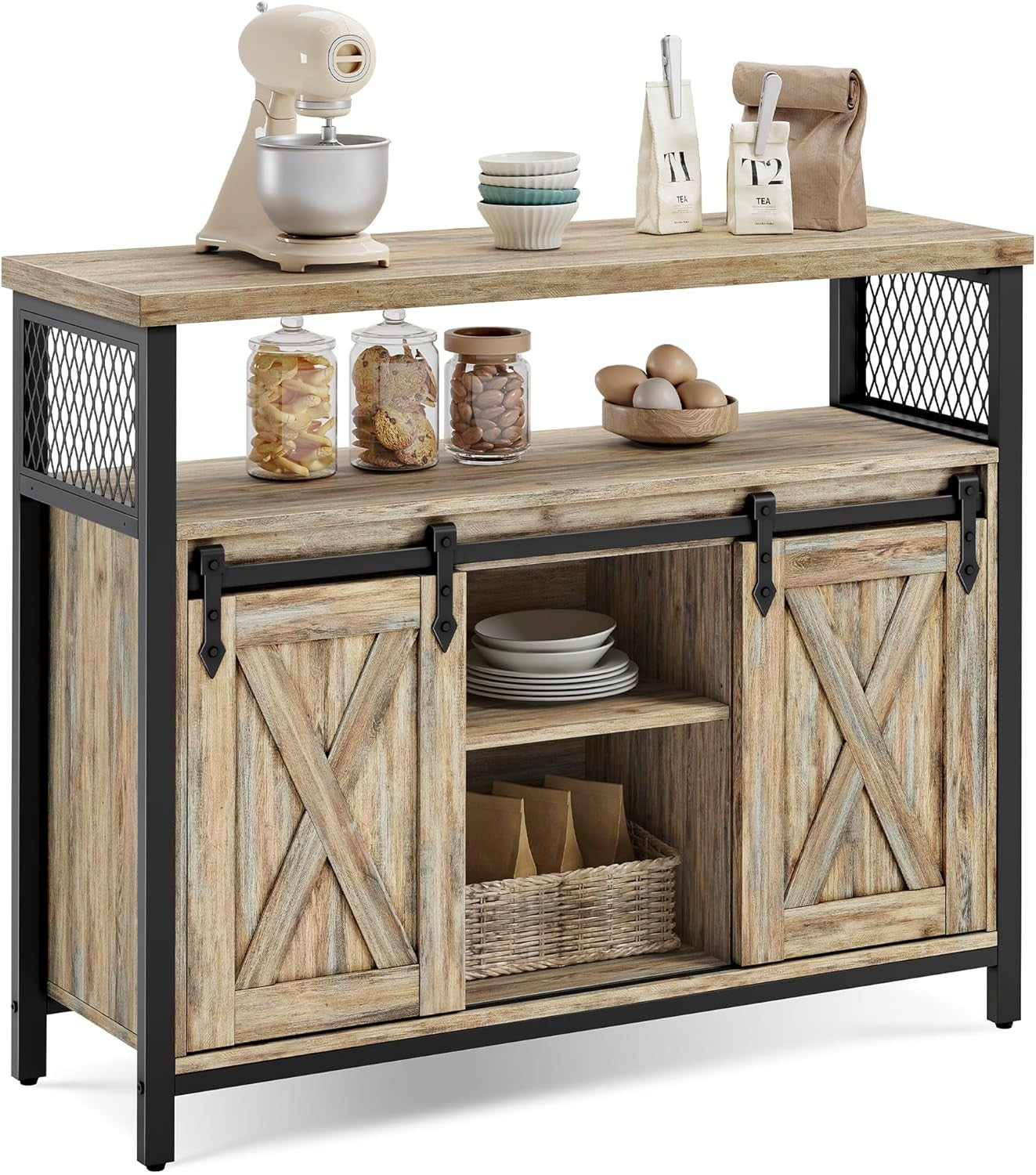Turquoise Brown Sideboard Sliding Barn Door Industrial Storage Cabinet