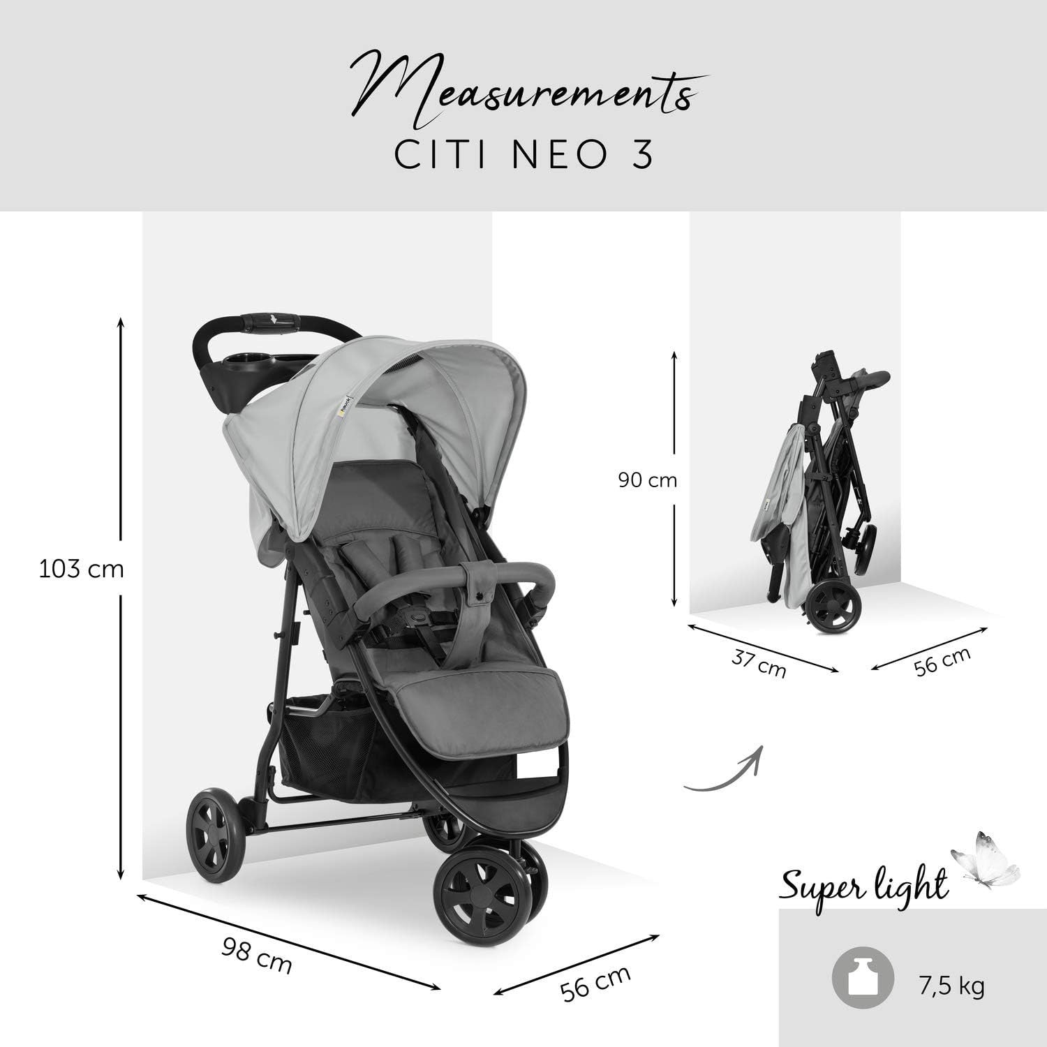 Lightweight 3 Wheel Pushchair Compact One-Hand Fold Stroller XL Basket Grey