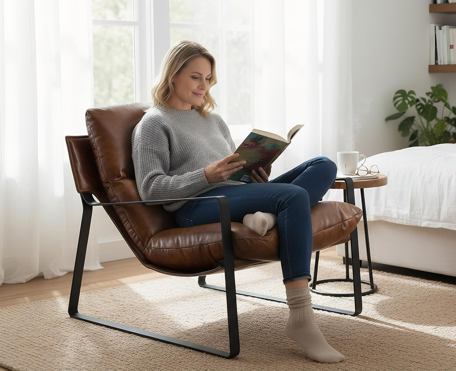 Brown PU Leather Accent Chair Industrial Metal Frame Lounge Seat