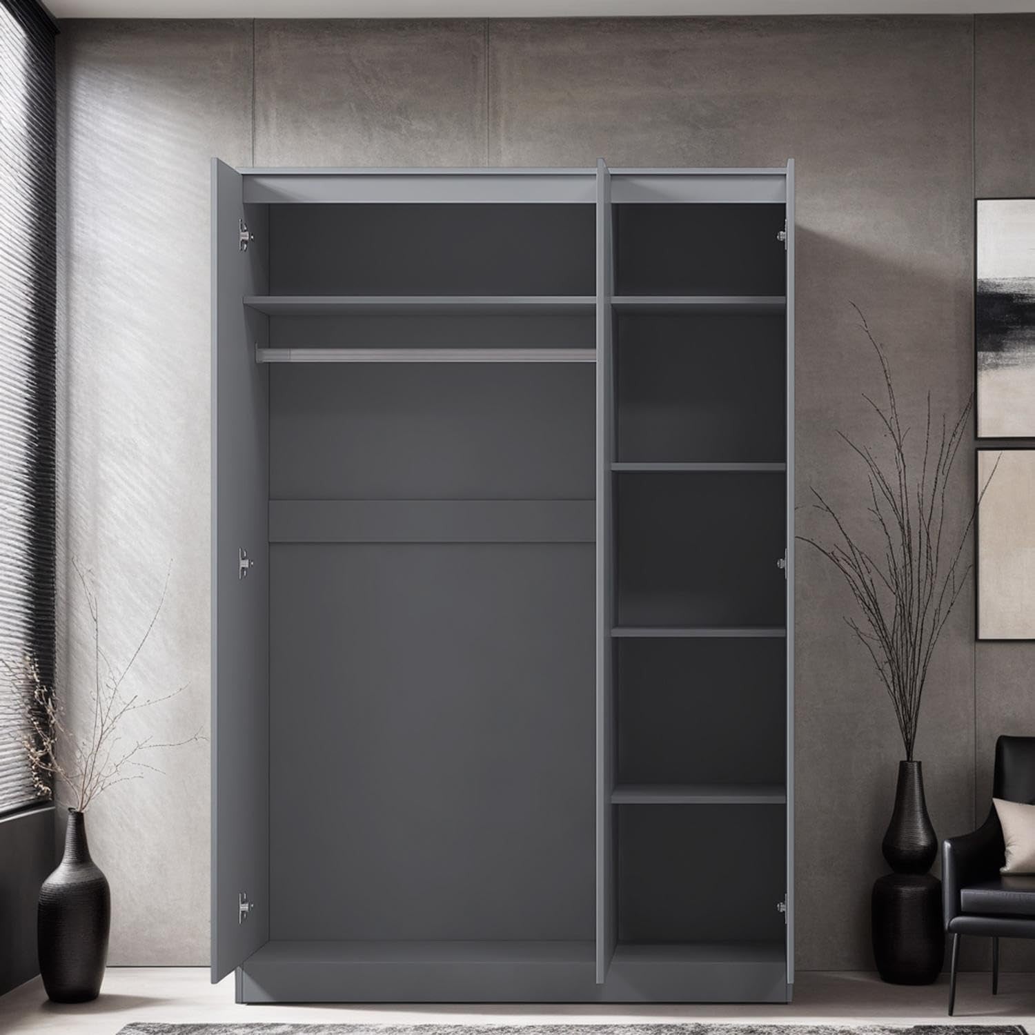 3 Door Dark Grey Wardrobe Matt Finish | Push-to-Open | Spacious Storage