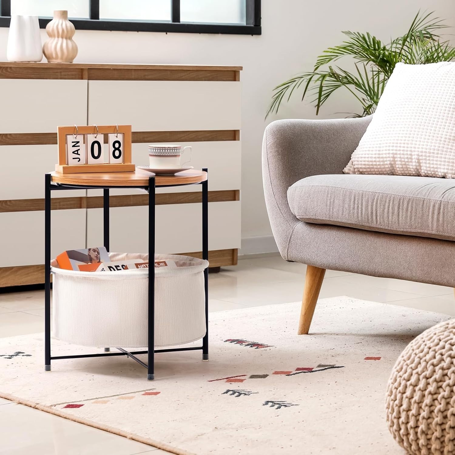 Round Side Table with Fabric Basket Storage Small Coffee Sofa Table