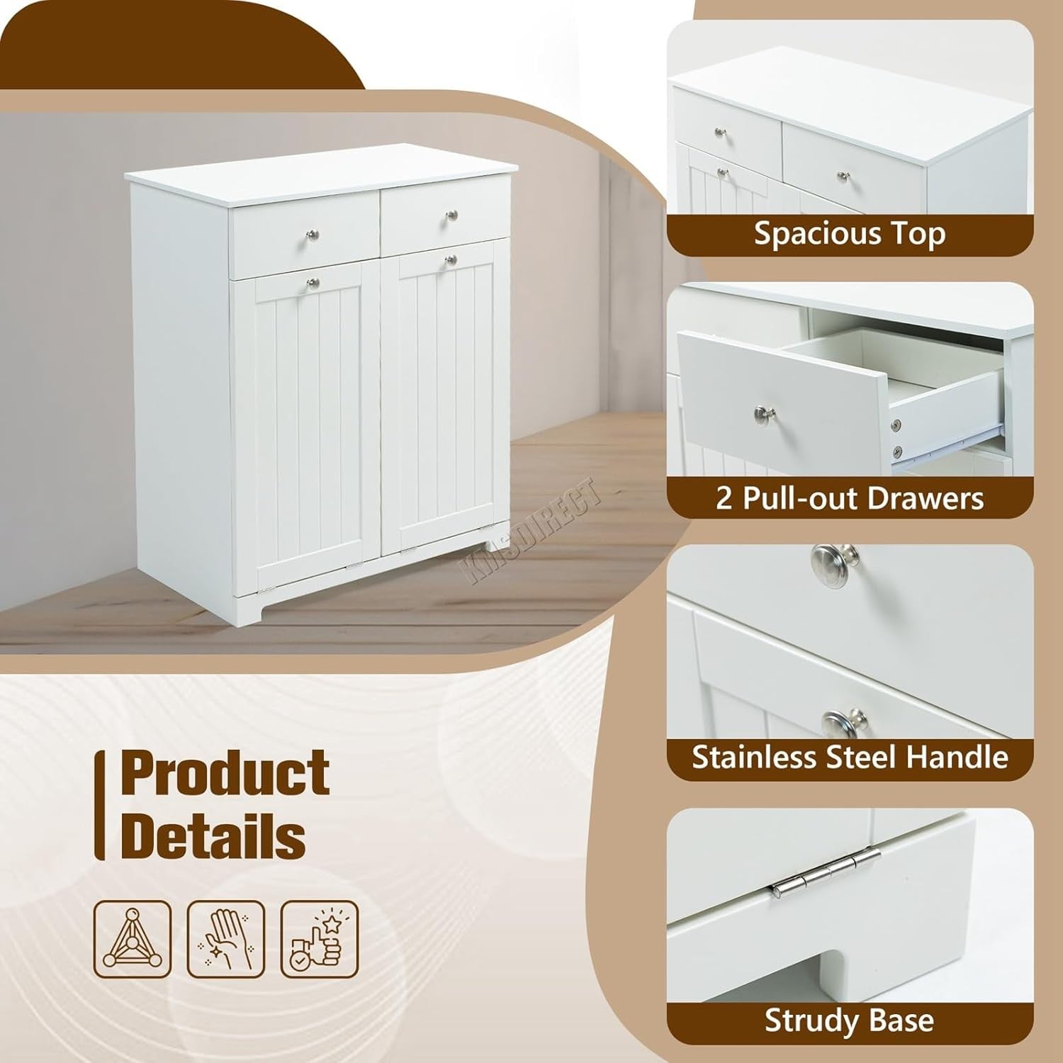Bathroom Laundry Cabinet Tilt Out Storage with Drawers & Baskets White