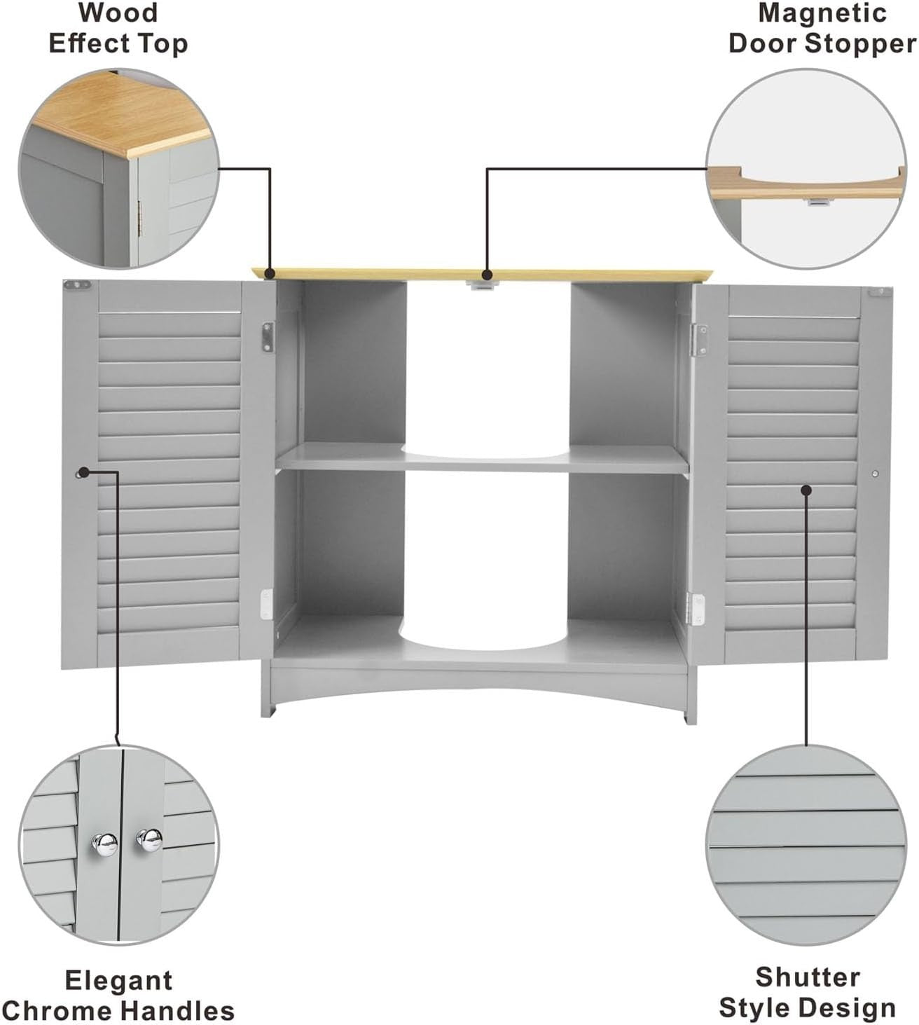Grey Under Sink Bathroom Cabinet w/ Oak Top | 60cm Cupboard, Shutter Doors