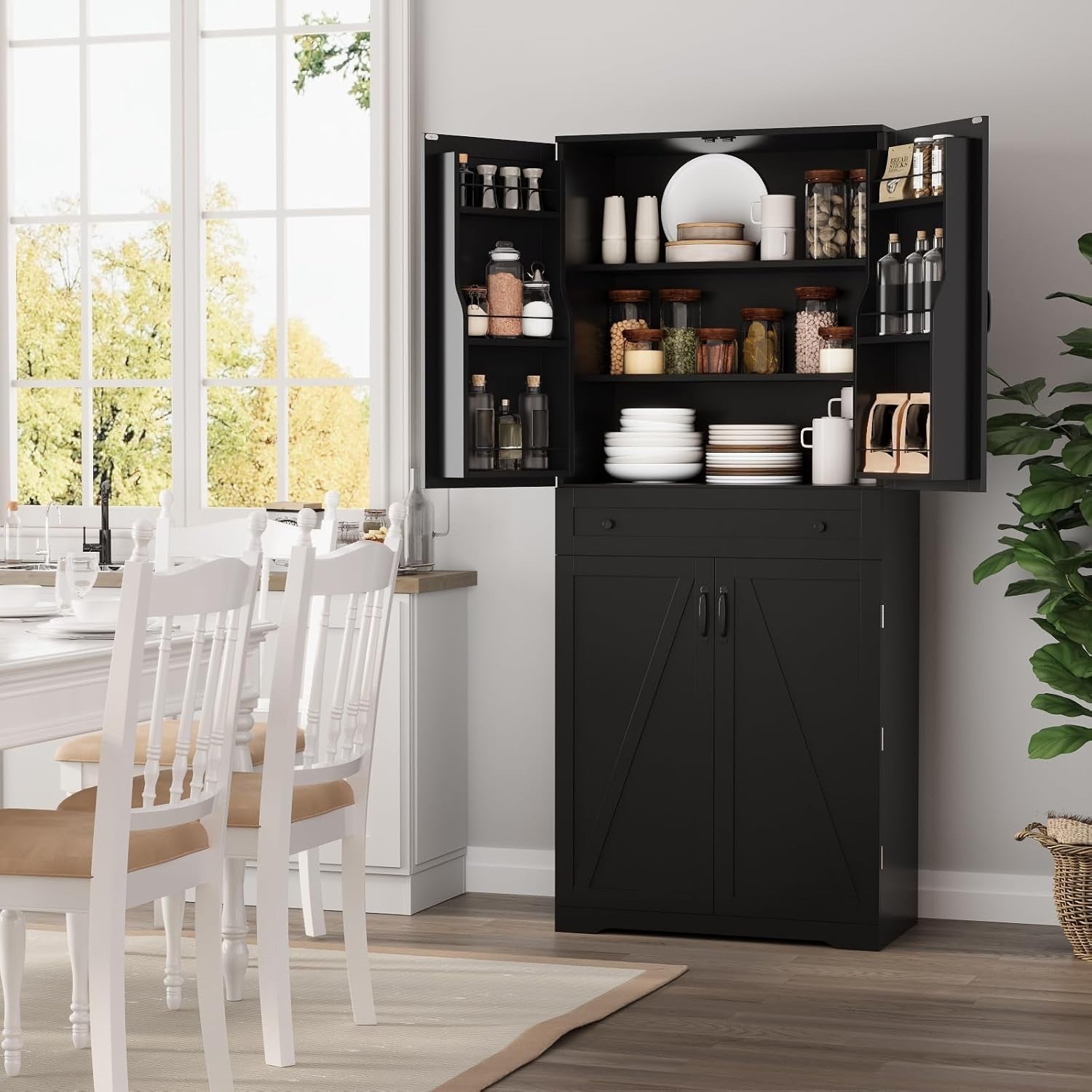 Tall Kitchen Cabinet 4 Doors 1 Drawer 4 Adjustable Shelves Black