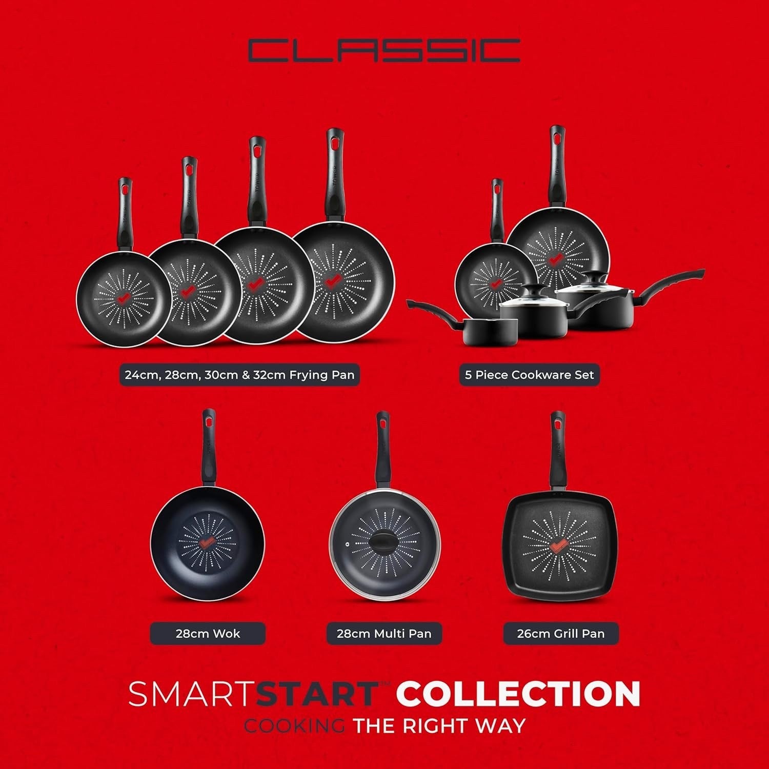 5Pcs Black Smart Start Non Stick Cookware Set, Oven Safe, Easy Clean, PFOA-Free