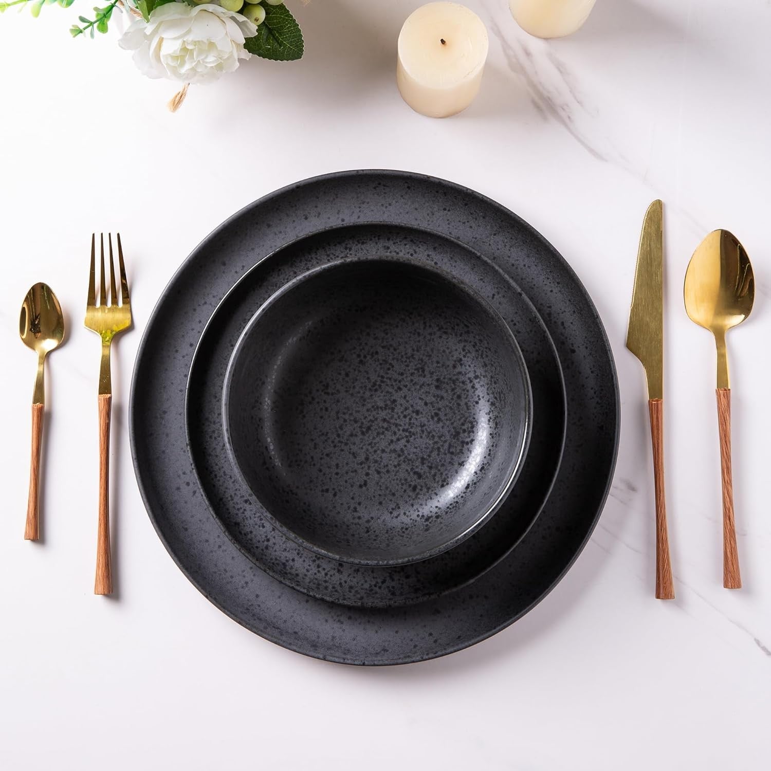 12pc Stoneware Dinner Set Matte Black Speckled Plates Bowls Service for 4